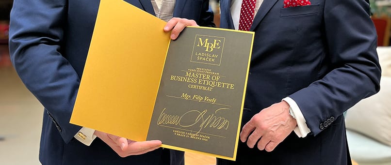 Certifikát Master of Business Etiquette vydaný na meno Mgr. Filip Veselý